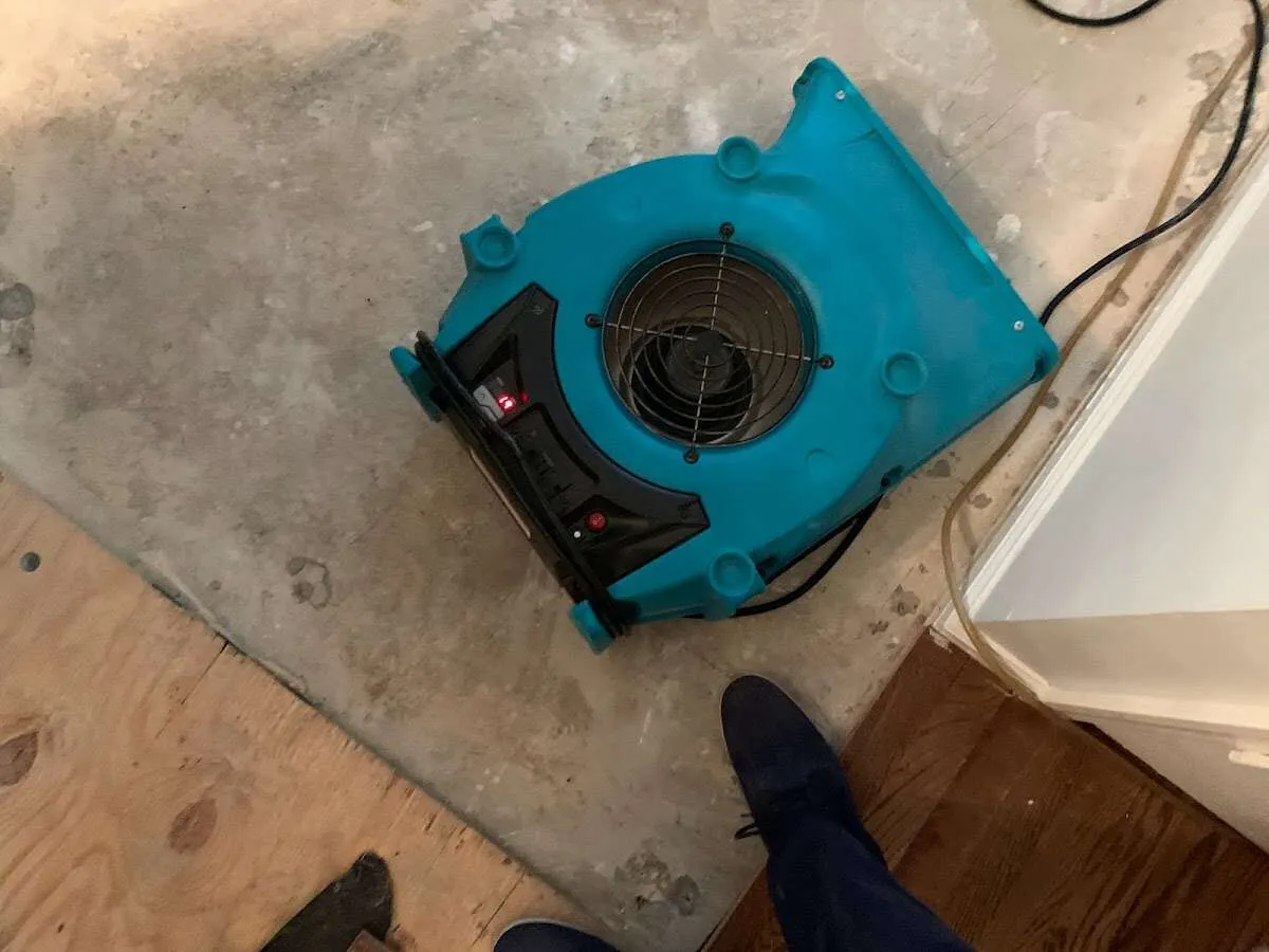 Air mover drying subfloor during Leak Detection & Repair in Mission